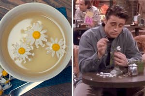 On the left, a cup of chamomile tea, and on the right, Joey from "Friends" picking petals off a flower at a table at Central Perk
