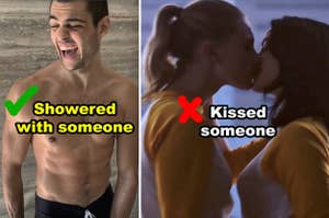 Side-by-side of Noah Centineo showering and two Better/Veronica kissing on "Riverdale"