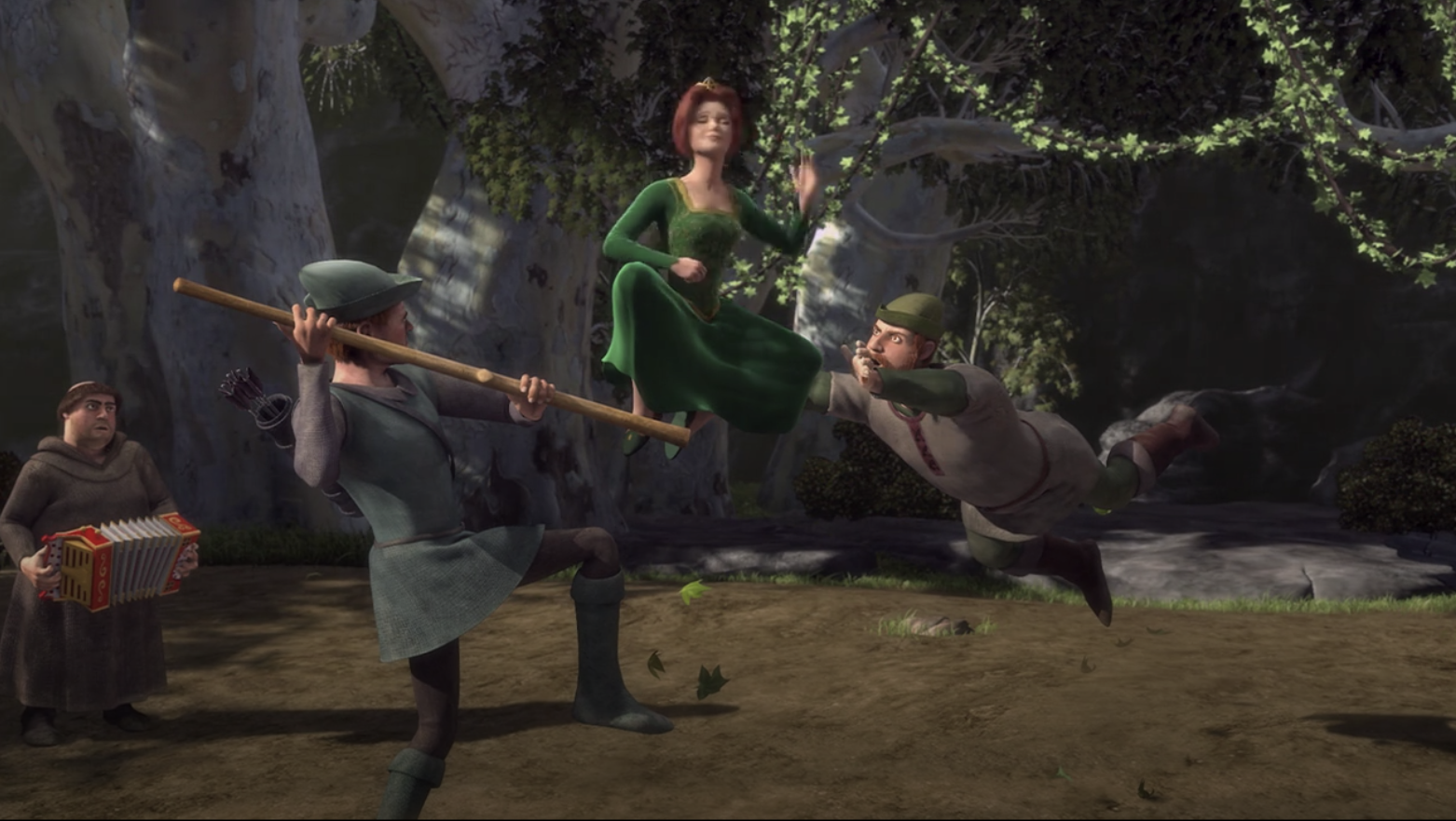 Fiona air kicking two of Robin Hood&#x27;s men