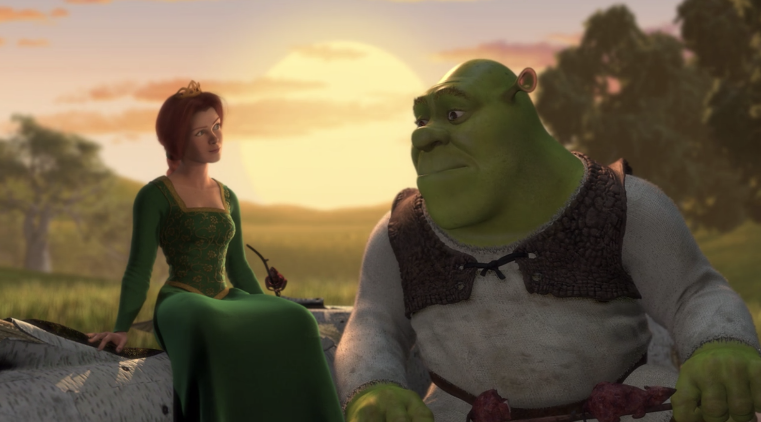 Shrek and Fiona talking next to each other 