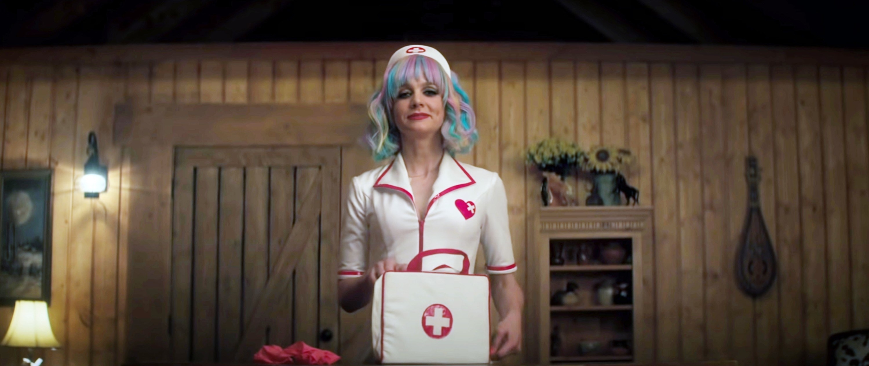 Cassie, dressed as a stripper nurse