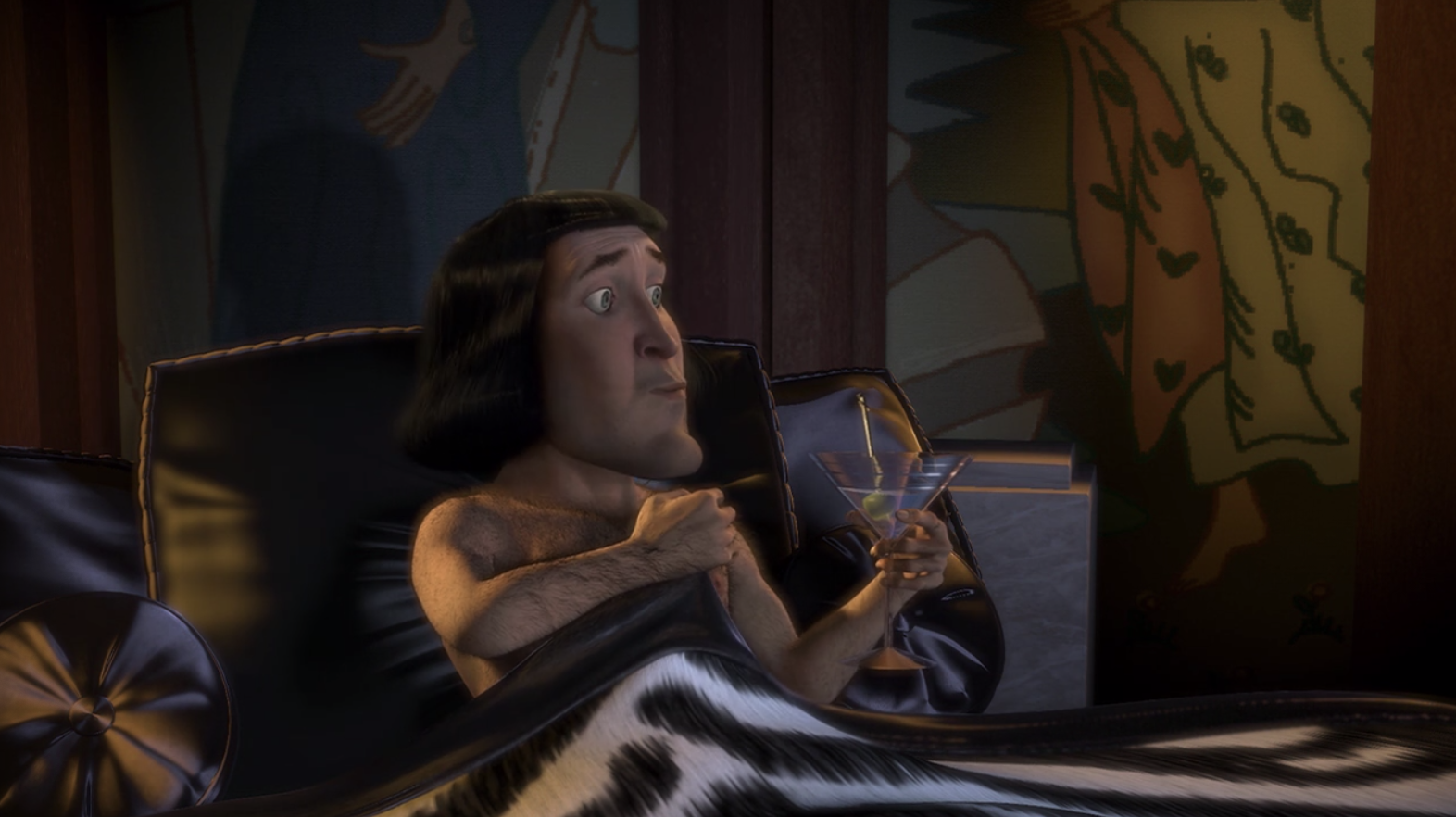 Lord Farquad laying alone in bed with a martini 
