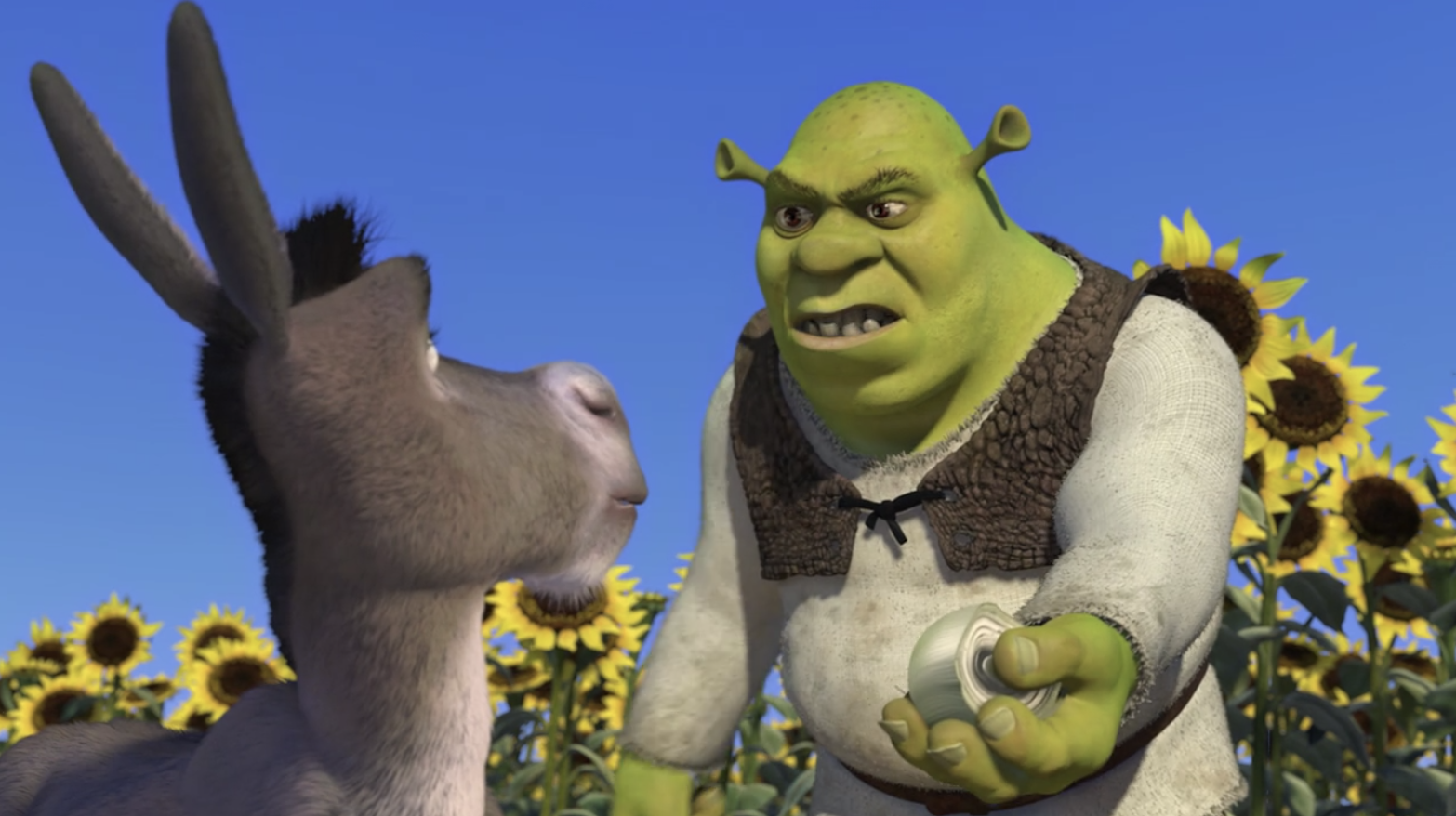Shrek showing Donkey an onion 