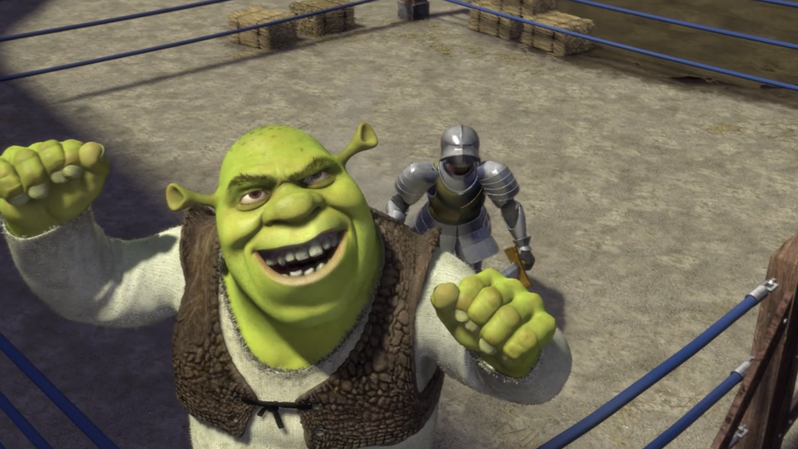 Shrek cheering in the ring 