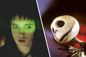 Lydia Deetz from Beetlejuice looking in fear at Jack Skellington from the nightmare before christmas