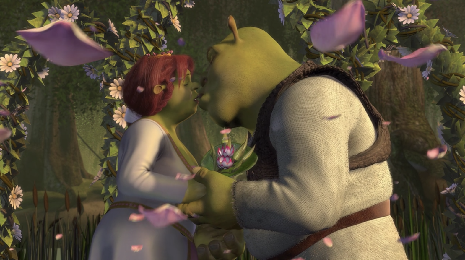 Shrek and Fiona kissing at the altar. 