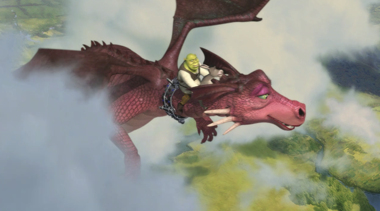 Shrek and Donkey flying on the back of Lady Dragon 
