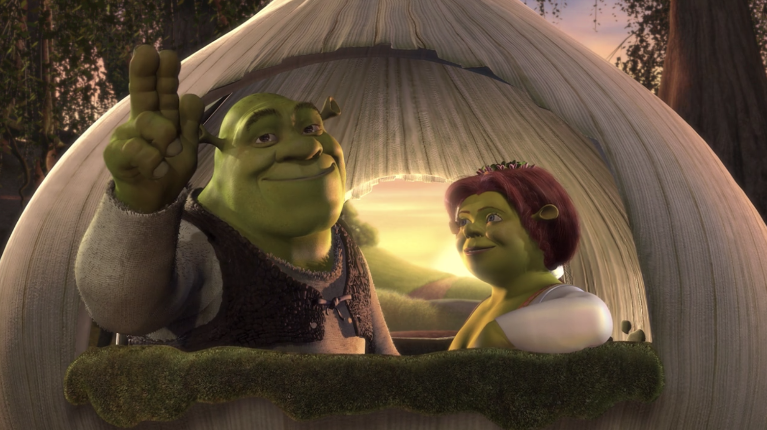Shrek and Fiona riding off into the sunset 