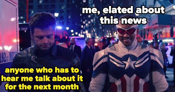Bucky with the caption, &quot;anyone who has to hear me talk about it for the next month&quot; and a smiling Captain America (Sam) with the caption &quot;me, elated about this news&quot;