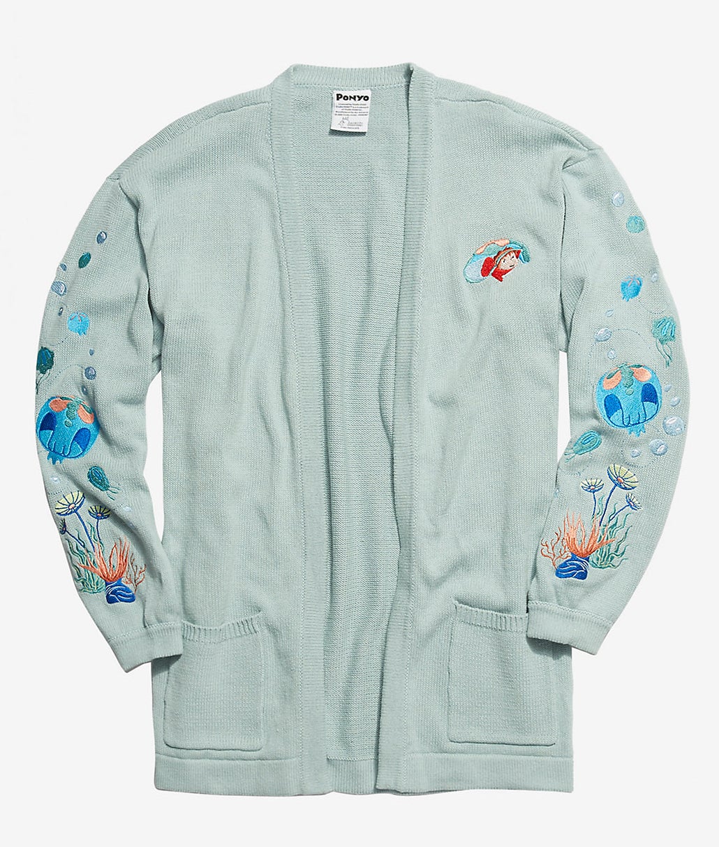 the mint open cardigan with pockets and a ponyo embroidery on the chest, plus fish, bubbles, and plant embroidery on the sleeves