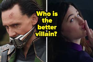 Tom Hiddleston as Loki in the movie "The Avengers" and Kathryn Hahn as Agatha Harkness in the show "WandaVision."