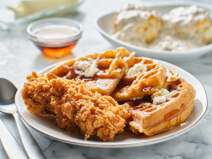 A plate of southern-style chicken and waffles