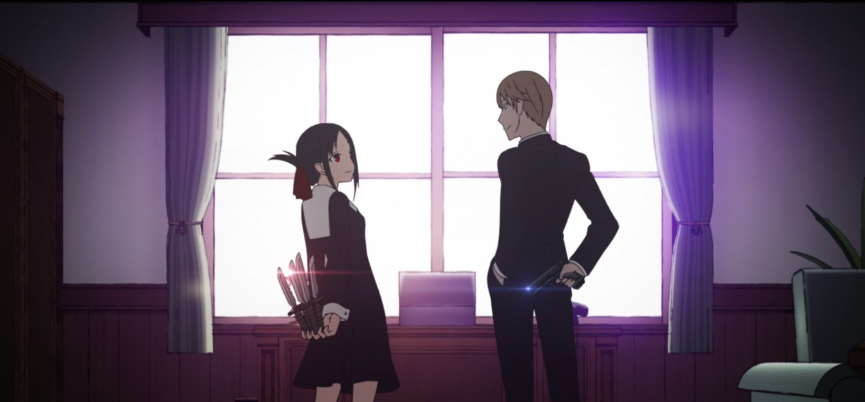 Kaguya and Miyuki looking at each other with weapons hidden behind them