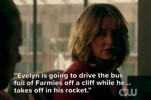 Alice: &quot;Evelyn is going to drive the bus full of Farmies off a cliff while Edgar takes off in his rocket&quot;