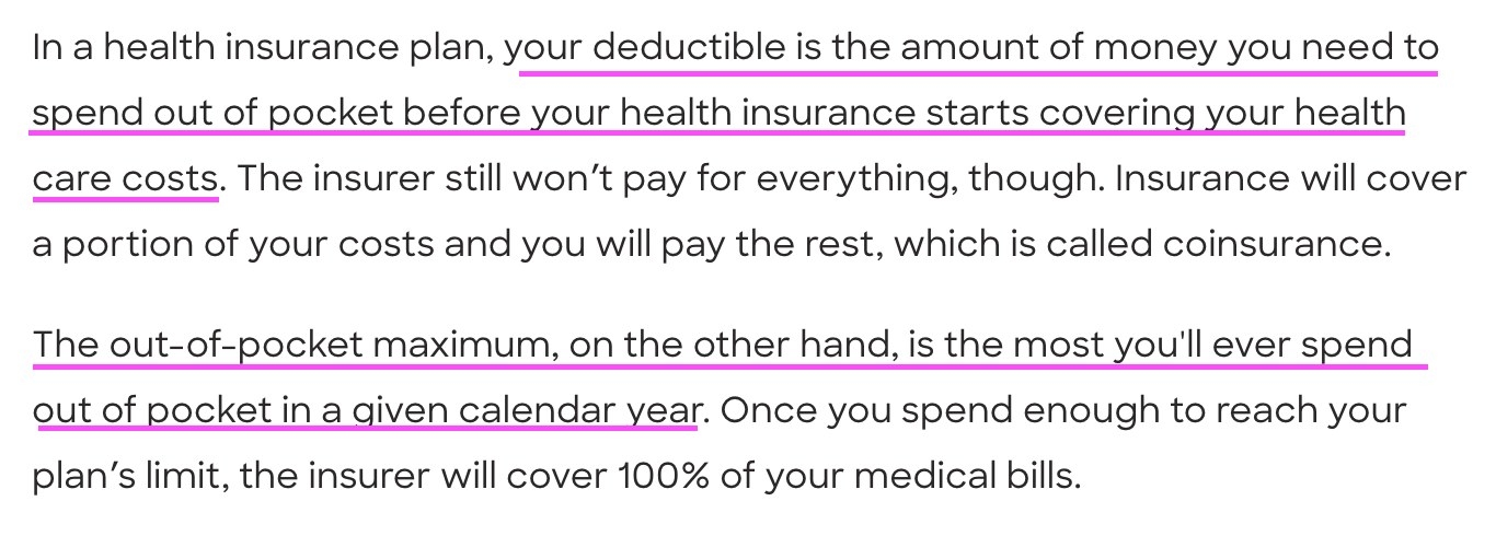 Screenshot of difference between a deductible and an out-of-pocket maximum