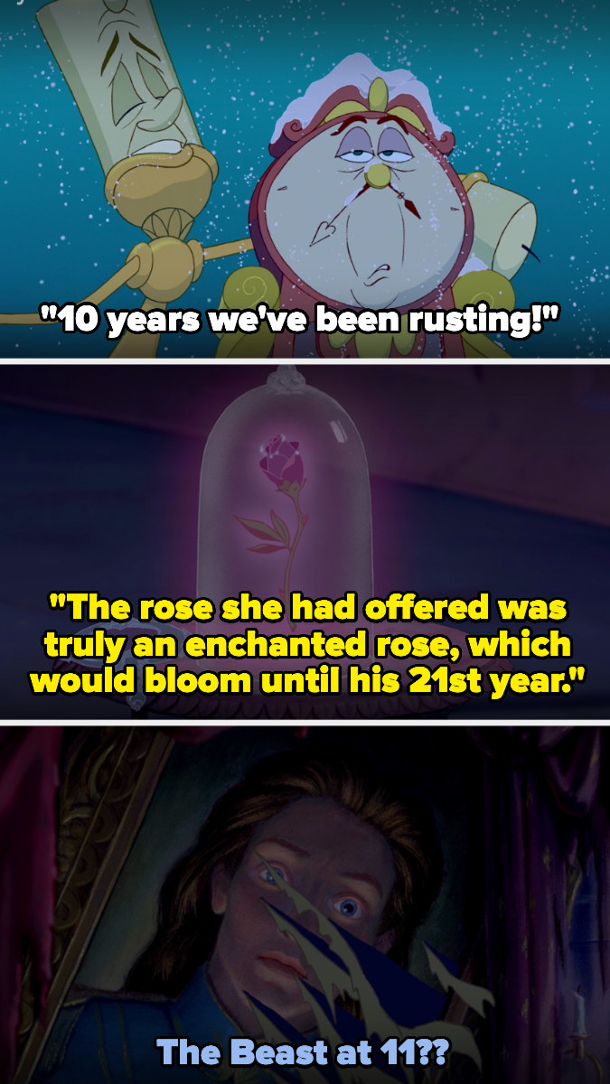 Lumiere singing that they&#x27;ve ben rusting for 10 years, then a photo of the rose from the prologue, when it was stated that the rose would bloom until the Beast was 21, then a photo of the Beast as a human, asking if he was 11 in it