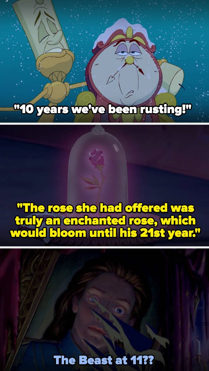 Lumiere singing that they&#x27;ve ben rusting for 10 years, then a photo of the rose from the prologue, when it was stated that the rose would bloom until the Beast was 21, then a photo of the Beast as a human, asking if he was 11 in it
