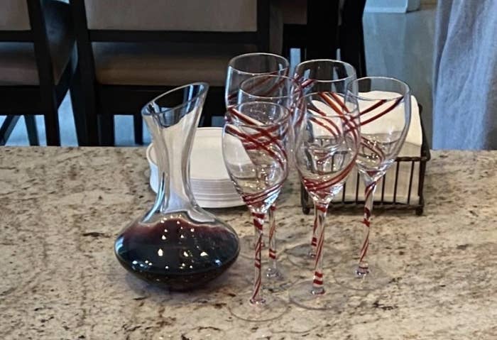 a reviewer showcasing their carafe filled with wine next to wine glasses 