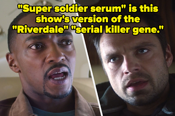 "'Super soldier serum' is this show's version of the 'Riverdale' 'serial killer gene,'" written over Anthony Mackie and Sebastian Stan in "The Falcon and the Winter Soldier" Episode 3