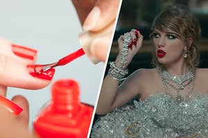 A woman is on the left painting her nails with Taylor Swift on the right dressed in diamonds