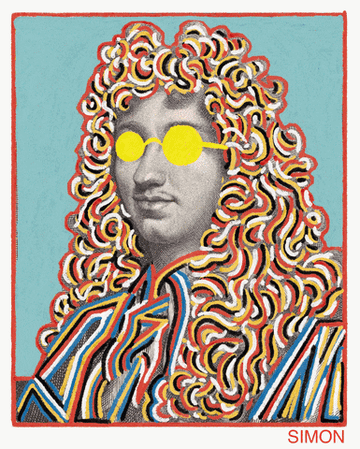Drawing of man with multicolored hair and yellow blinking glasses