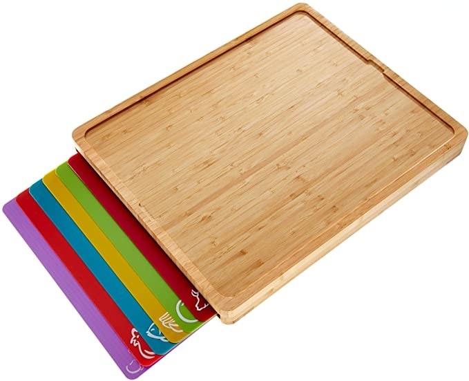 bamboo cutting board with colorful mats