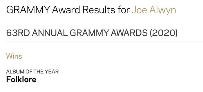 A screenshot of Joe&#x27;s Grammy credit