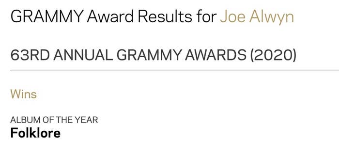 A screenshot of Joe's Grammy credit