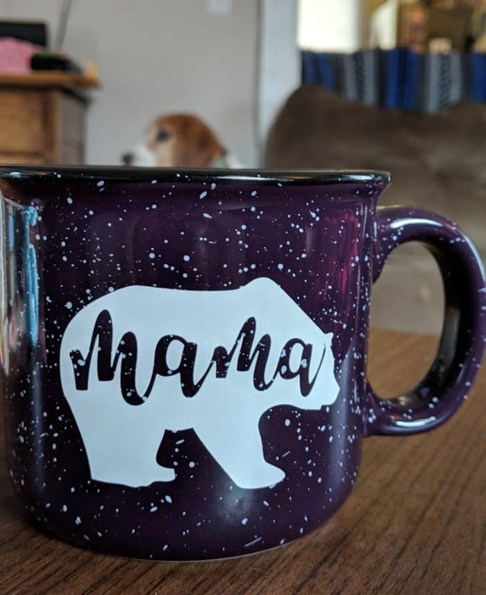 The mug in dark red with white speckles 