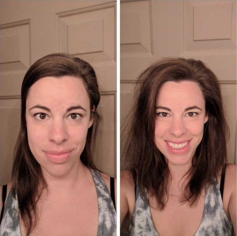 reviewer with flat greasy hair before and then volumized clean looking hair after using the product