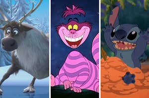 Sven the reindeer from "Frozen, the Cheshire cat from "Alice in Wonderland" and Experiment 626 aka Stitch from "Lilo & Stitch."