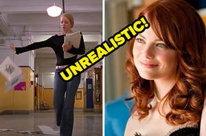 Regina George is on the left throwing papers with Emma Stone on the right labeled, "Unrealistic"