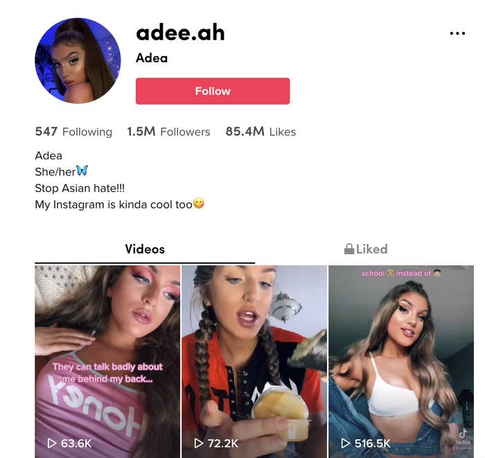 Adea Danielle&#x27;s TikTok page shows her three most recent upload videos and her 1.5 million follower count