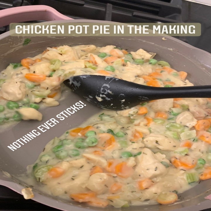 a buzzfeed editor making chicken pot pie in the non-stick pan
