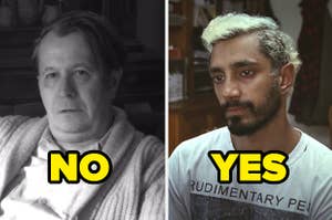 "No" written over Gary Oldman in "Mank" and "Yes" written over Riz Ahmed in "Sound of Metal"
