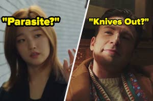 Park So-dam as Kim Ki-jung in the movie "Parasite" and Chris Evans as Hugh Ransom Drysdale in the movie "Knives Out."