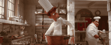 a gif of linguini from ratatouille jumping around in the kitchen