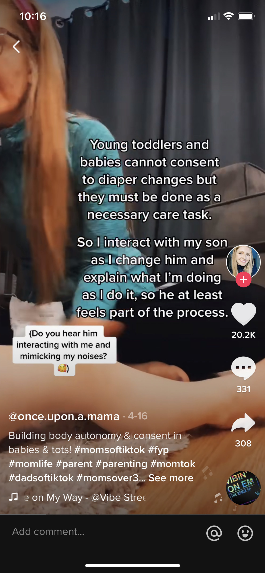 Alissa explaining that although young toddlers cannot consent to having their diapers changed, it&#x27;s still necessary, so she explains what she&#x27;s doing so he at least feels like he&#x27;s a part of the process