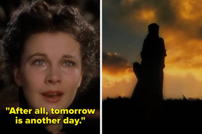 Scarlett O&#x27;Hara crying and looking at the sunset