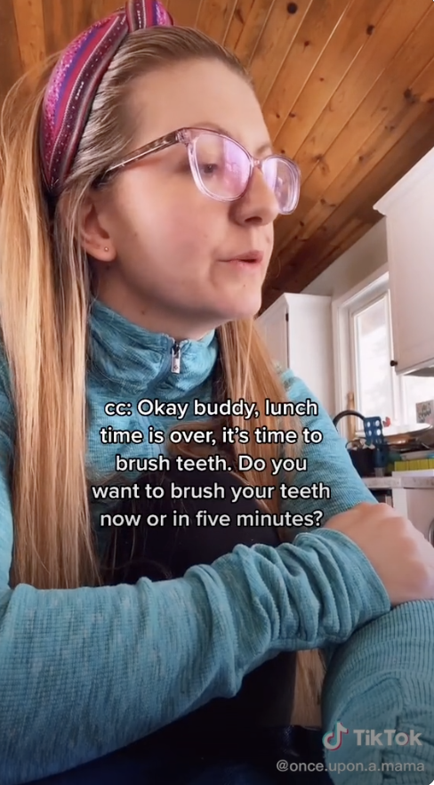 Alissa telling her son it&#x27;s time to brush his teeth, and asking him if he&#x27;d rather do it now or in 5 minutes