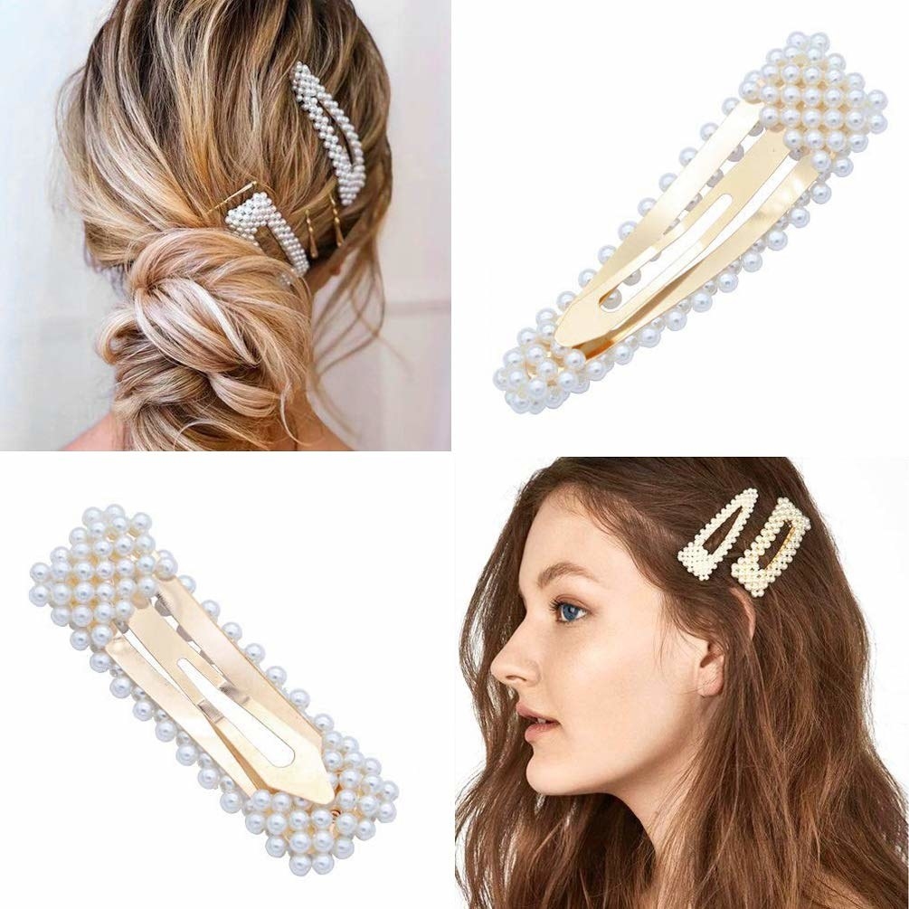 A collage of photos showing models wearing the clips in their hair along with close-up images of the clips