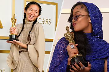 Chloe Zhao side by side with H.E.R, both holding their Oscars