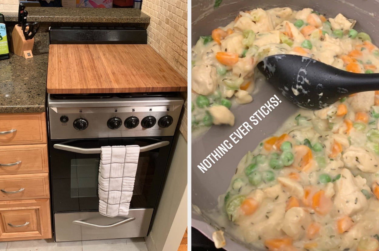 to the left: a cutting board that fits over a stove top, to the right: a no-stick pan filled with chicken pot pie filling