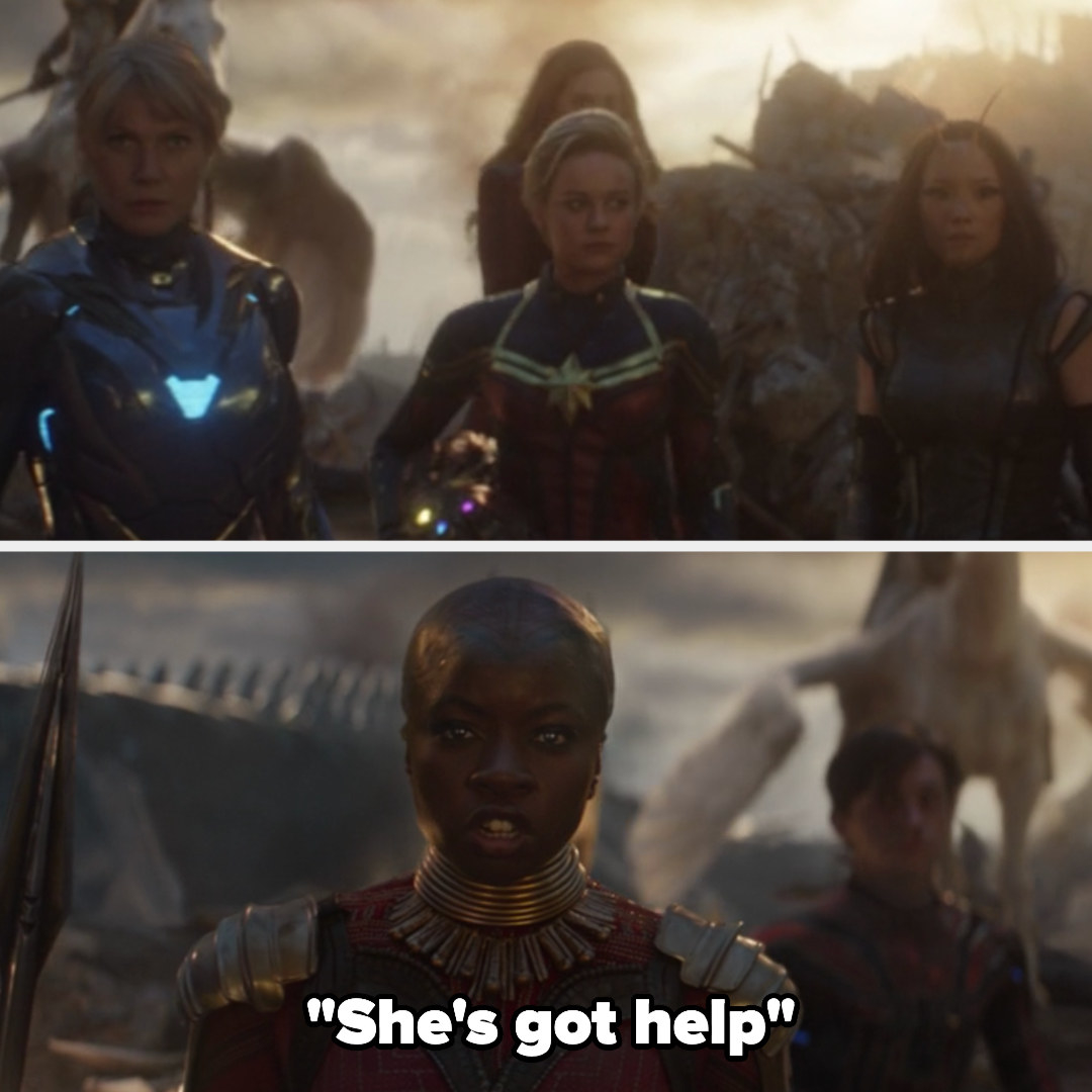 The female Avengers together and Okoye saying &quot;she&#x27;s got help&quot;