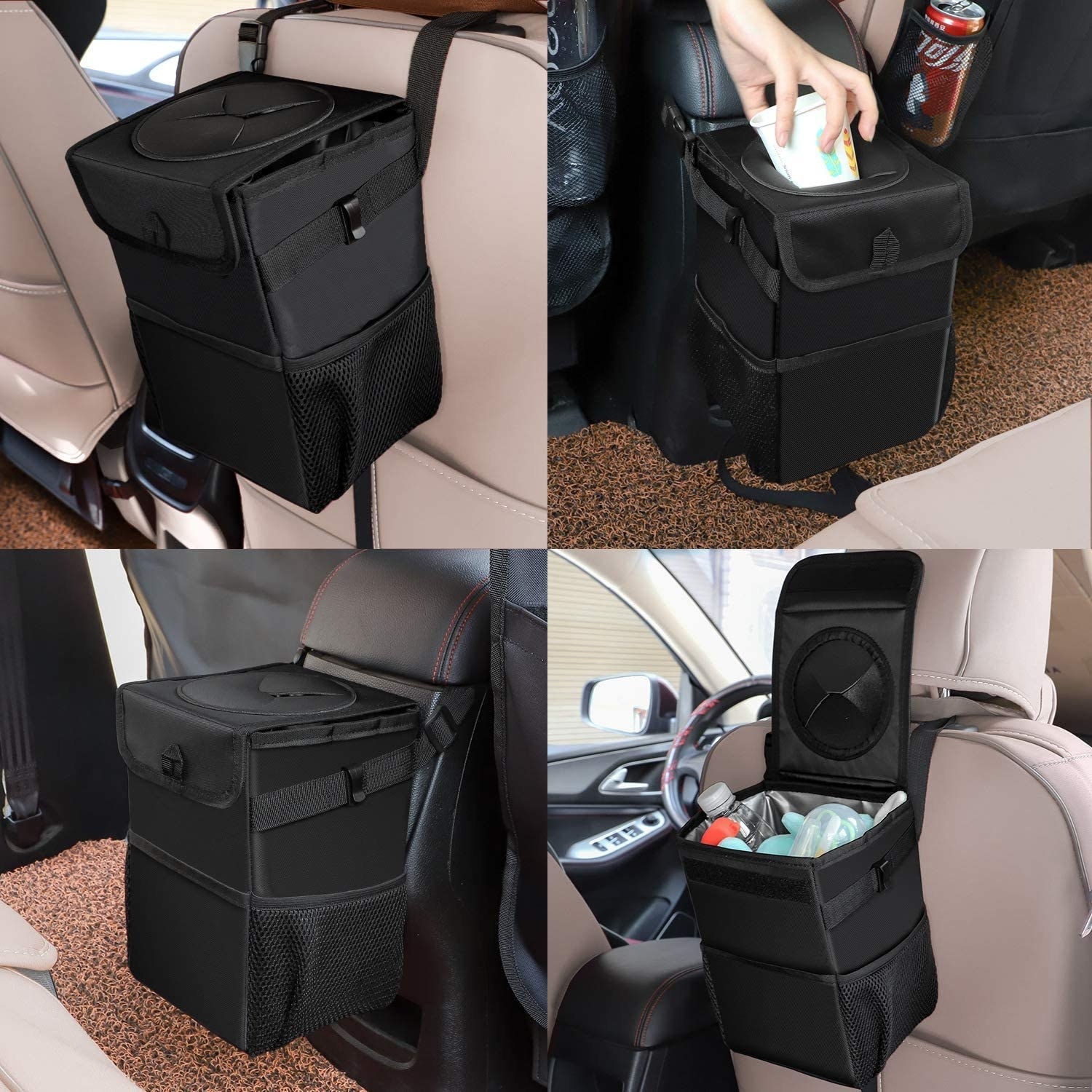 the car trashcan diagram showing that you can place it on the back of your seat or in the middle of your console