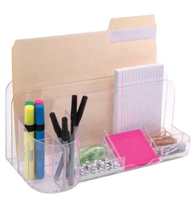 the clear organizer holding a file, note cards, sticky notes, rubber bands, paper clips, pins, highlighters, and pens 