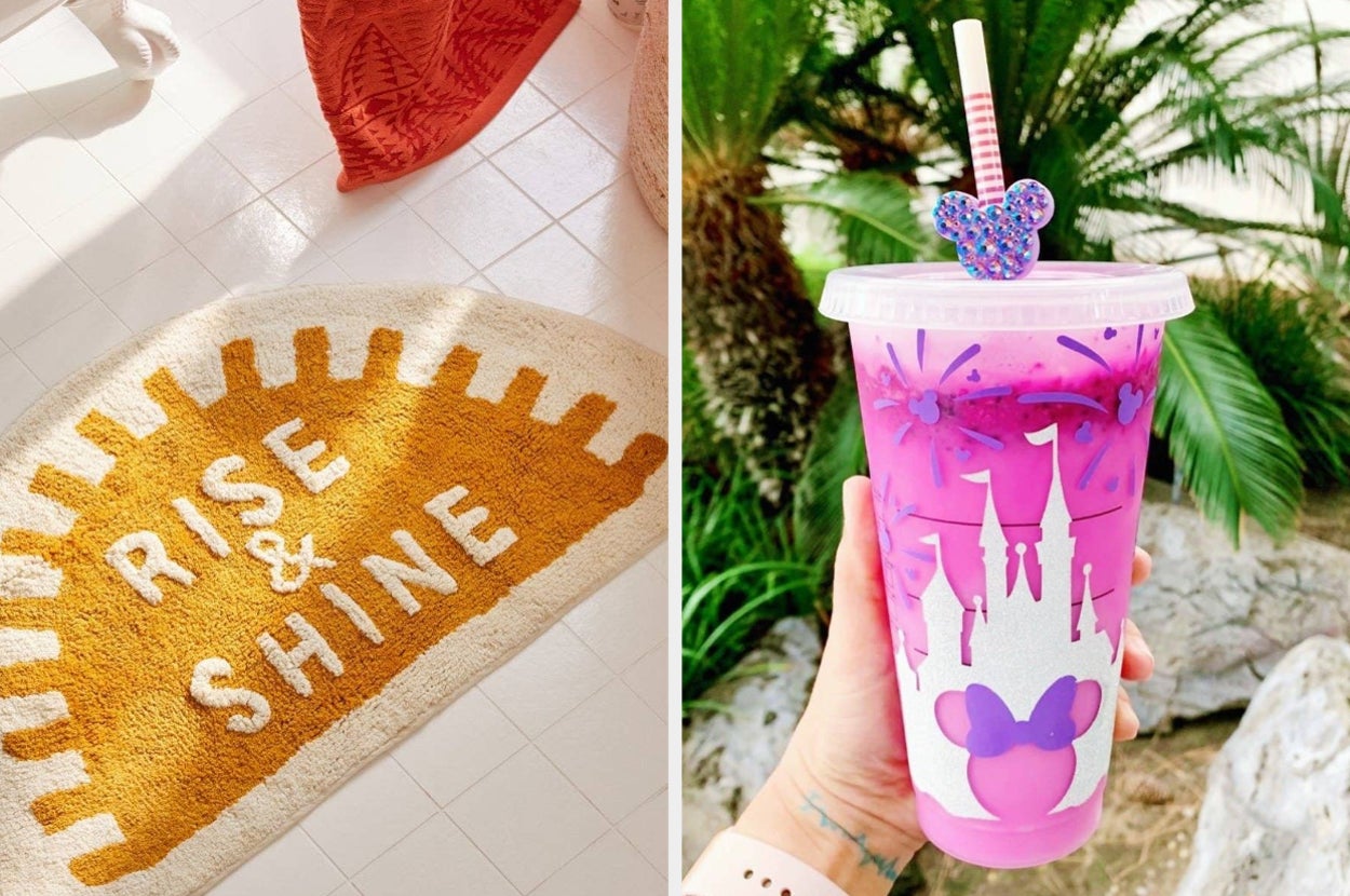 a rise and shine bath mat and a model holding a disney-themed tumbler