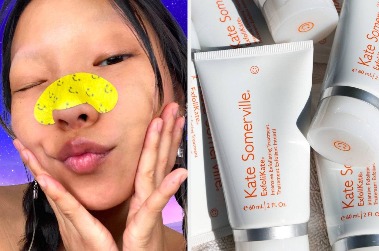 on left model wearing pore strip and on right an exfoliating treatment 