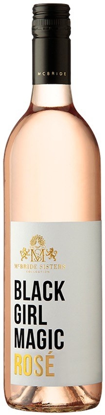 Bottle of Black Girl Magic Rosé, white label with black and gold text
