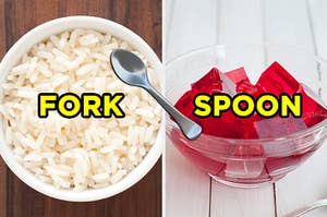 On the left, a bowl of rice labeled "fork," and on the right, a bowl of Jell-O labeled "spoon" with a "spoon" emoji in the middle